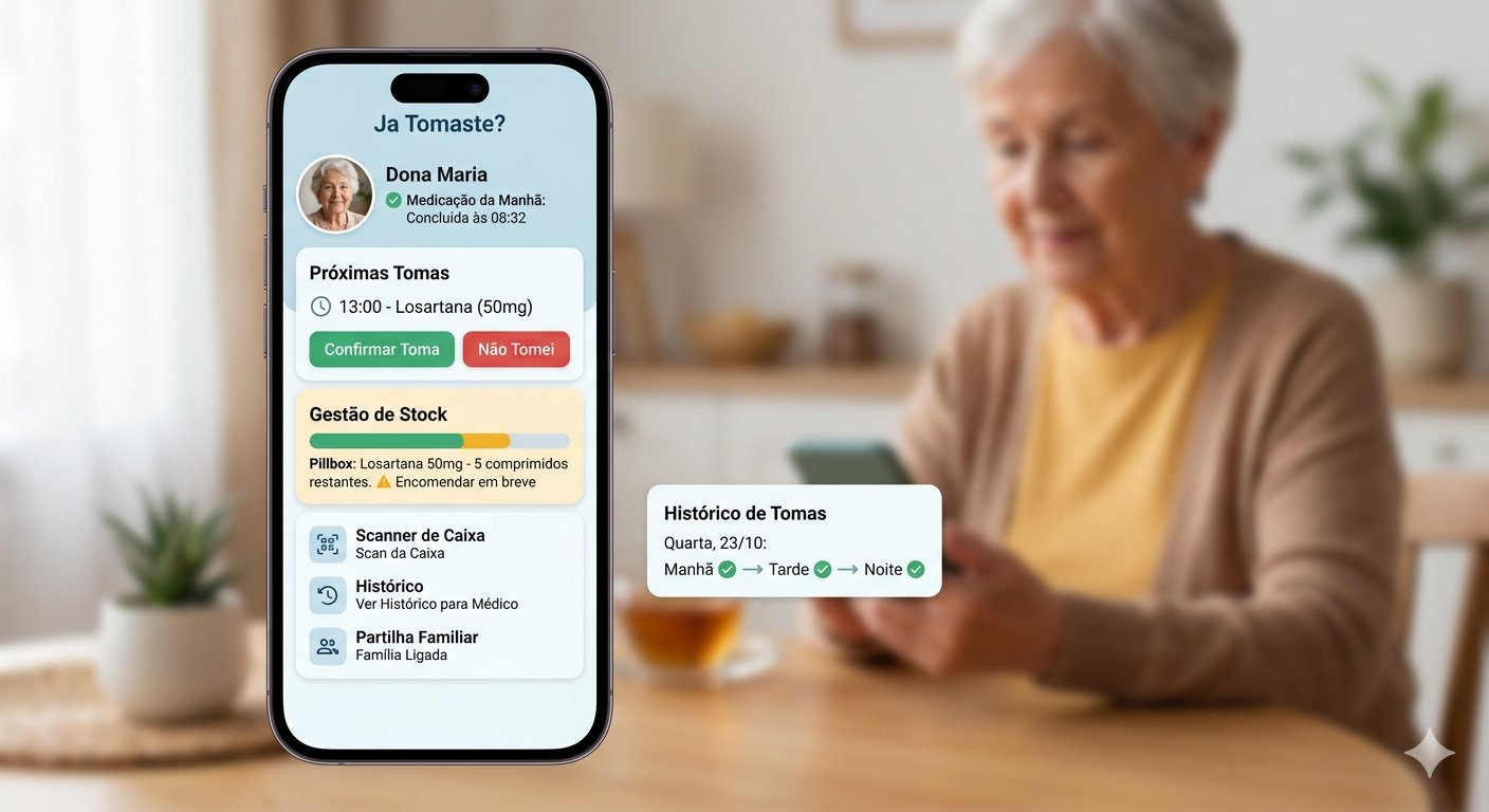 Mockup da app Já Tomaste com lembretes de medicação, histórico e gestão de stock